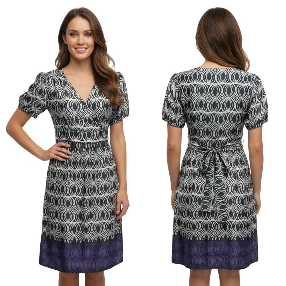 Banana Republic Geometric Print Wrap Dress Short Sleeve‎ V Neck Tie Women Size 2